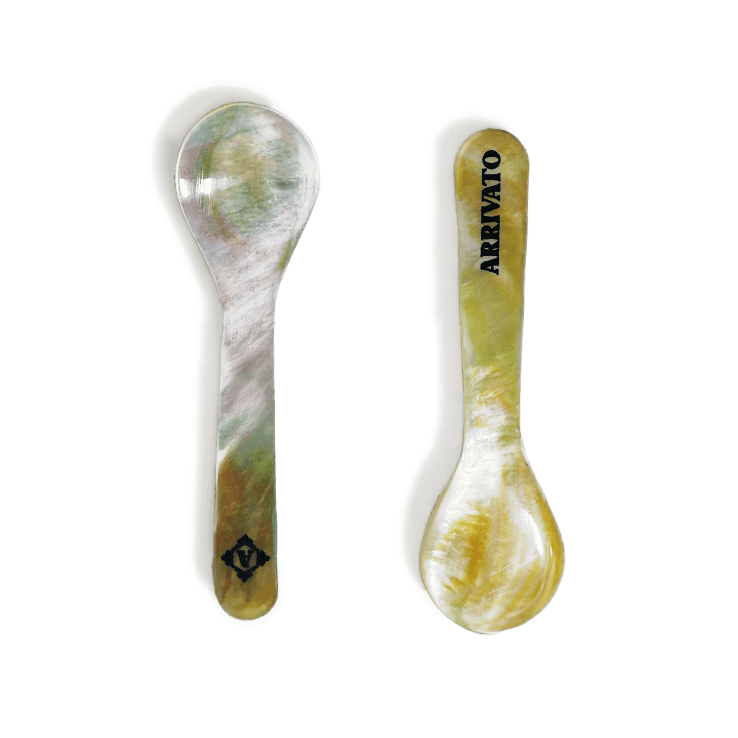 An Arrivato 2-Tone Mother of Pearl Spoon resting on a tin of caviar