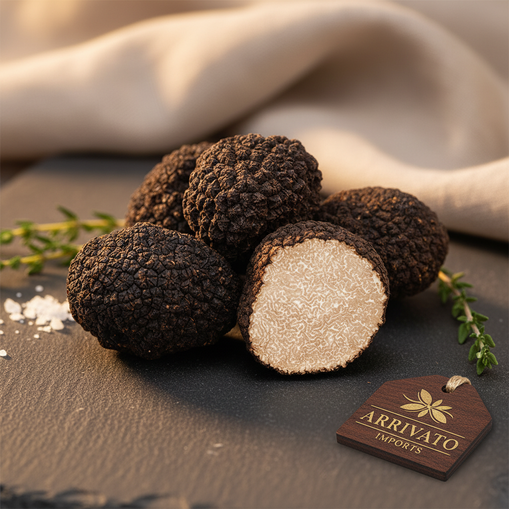 A whole Italian Black Summer Truffle on a wooden board