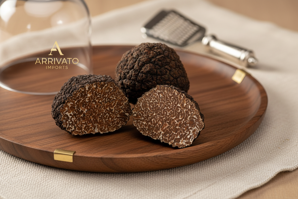 A whole Italian Black Burgundy Truffle with its dark, warty exterior