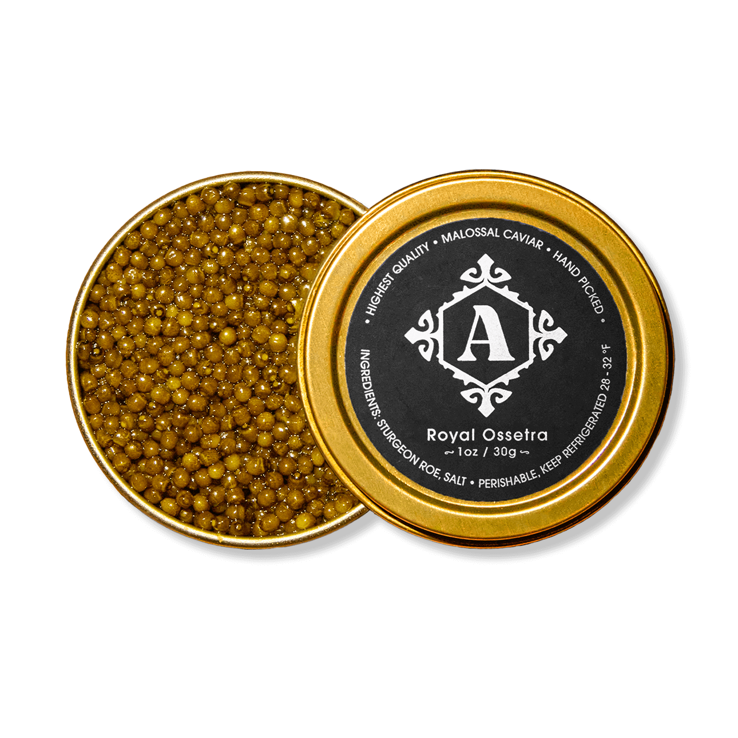 An open tin of Arrivato Royal Ossetra Caviar with its golden-brown pearls